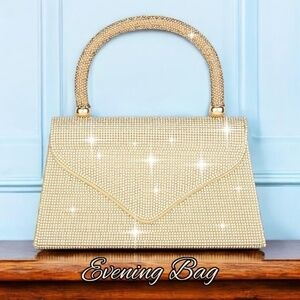 Glittery Gold Rhinestone Evening Bag w/Handle & Detachable Crossbody Chain NWT